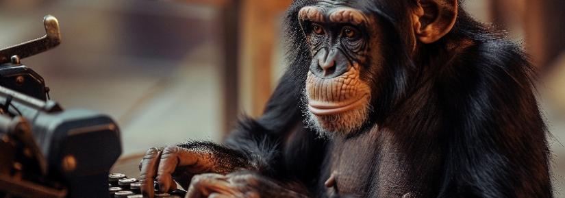 a chimpanzee sitting in front of a vintage typewriter. Adobe Stock