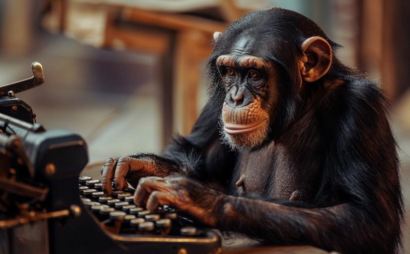 a chimpanzee sitting in front of a vintage typewriter. Adobe Stock